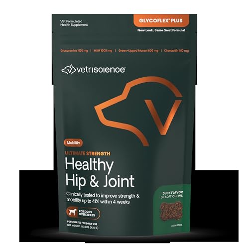 VetriScience Ultimate Strength Healthy Hip & Joint Chews, GlycoFlex Glucosamine, Chondroitin and Green-Lipped Mussel Joint Support Supplement for Dogs, Soothe Joint Discomfort, Duck, 60 Count