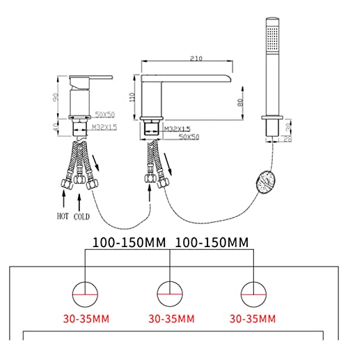 Robinet de Cascade de Baignoire Tap 4 Trous Ensemble Or avec Douche - 5