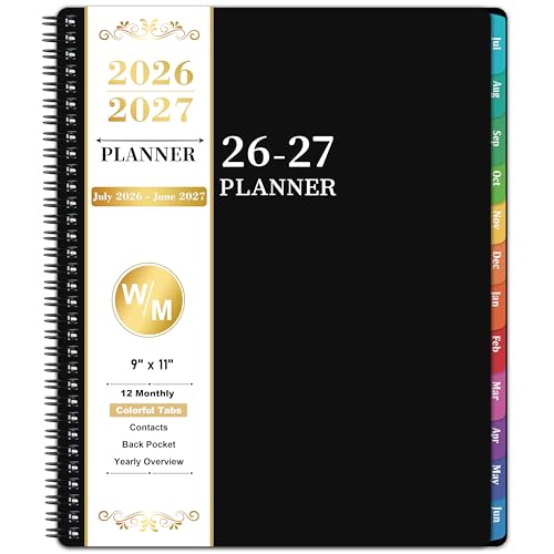 Planner 2026-2027 - Academic Planner 2026-2027, July 2026 - June 2027, 9' x 11', 26-27 Planner Weekly and Monthly, 26-27 Calendar Planners with Colorful Tabs, Pocket - Black
