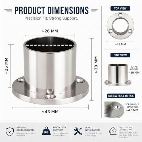 Image of Stainless Steel Wall to Wall Bracket, 30mm, Pack of 8 | Curtain and Wardrobe Rod, Rust-Resistant, Strong Hold