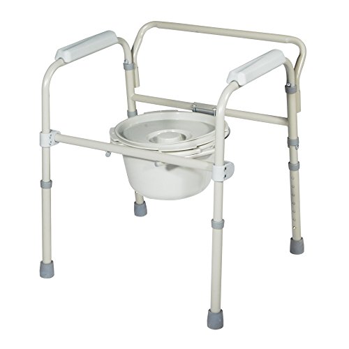 Healthline Commode Chair, Folding Bedside Commode Chair, Deluxe Bedside And Bathroom Steel Medical 3 In 1 Commode Over Toilet Seat With Commode Bucket, Splash Guard And Arms, Gray #TOP3