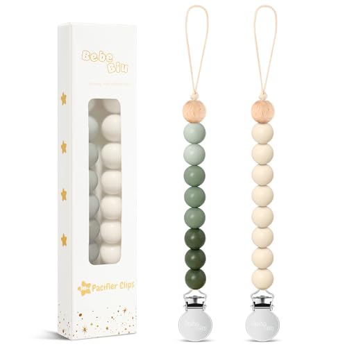 Image of BebeBiu 2 Pack Pacifier Clips, Silicone Pacifier Clip for Baby Boys and Girls, Baby Pacifier Strap with Silicone Beads, Soother Dummy Holder, Pacifier Holder, Keeps Pacifier Clean (Olive/Cream)