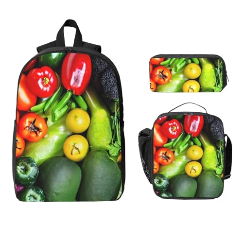 fresh vegetables fruits print Shoulder Bookbags Lunch Bag and Pen Case 17 inches Backpack with Lunch Box, Cute Bookbag Set2