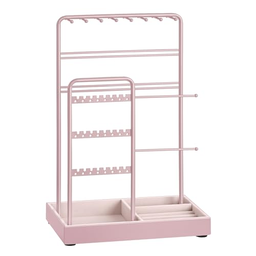 SONGMICS Jewelry Holder, Jewelry Organizer, Jewelry Display Stand with Metal Frame, Velvet Tray, Necklace Earring Bracelet Holder, for Studs, Rings, G
