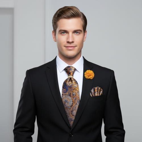 Image of 5PCS Mens Silk Designer Tie, Pocket Square, Cufflinks, Drilled Tie Ring and Lapel Pin Set for Wedding Groom Party