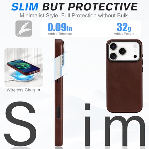 Image of SHIELDON Genuine Leather Case for iPhone 17 Pro 6.3 inch 2025, Retro Coffee | for MagSafe, Magnetic Wireless Charging, Camera Button, Metal Buttons, Camera Bezel, Non-Slip, Shockproof, Anti-Scratch, Slim