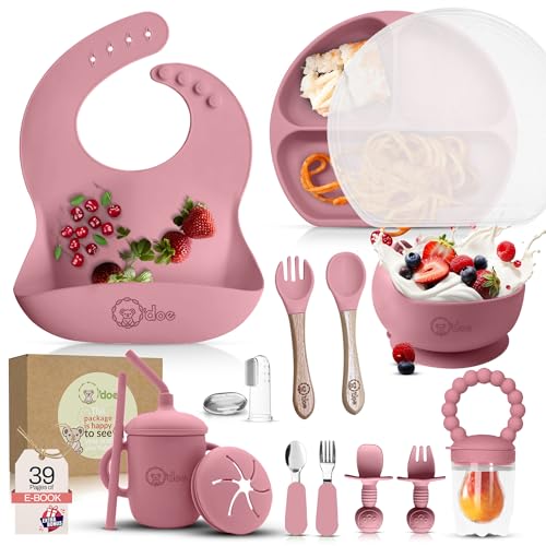 Image of O'doe 17-Piece BPA-Free Silicone Baby Feeding Set | Thick & Soft Suction Plates, Baby Bowls, Wooden Fork & Spoon, and More | Make Mealtime Fun and Easy for Your Little One | Pink, V2
