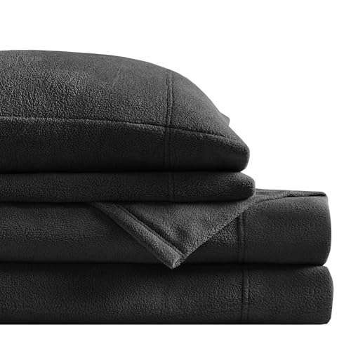 Image of True North by Sleep Philosophy Micro Fleece Bed Sheet Set, Warm, Sheets with 14 inch Deep Pocket, for Cold Season Cozy Sheet-Set, Matching Pillow Case, Cal King, Black, 4 Piece