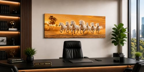 Image of 7 Horse Vastu Sunrise Canvas Painting | Positive Energy Wall Decor | Big Size Premium Running Horses Artwork for Home, Office & Hall Decoration (Modern, Sky Horse, 44x20 Inch)