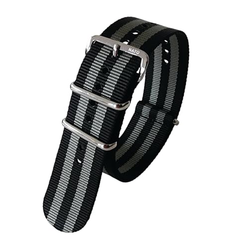 NATO G10 Ballistic Nylon Military watch band strap Bond Black Grey stripe USA Stock 16mm 18mm 19mm 20mm 22mm 24mm High Polished Satin PVD Buckles (20mm, High Polished)