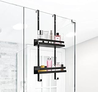 Dyna-Living Over The Shower Door Caddy Pantry Organizer Rack with Reliable Hooks, Sturdy Rust Proof 2-Tier Hanging Shower Organizer Shelf Basket Storage Rack, Bathroom Shower Caddy Drill Free  Black