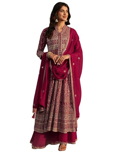 Image of Libas Art Embroidered Georgette Anarkali Kurta With Palazzos and Dupatta | ethnic wear | bridal suit | occasion wear