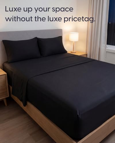 Image of Sleepy Town Queen Size Bed Sheets - 4 Piece - Queen Sheet Set - Extra Soft, Comfy & Cooling - Easy Care - Shrinkage, Wrinkle & Fade Resistant - Brushed Microfiber - Deep Pocket Bed Sheets (Black)
