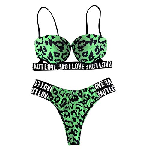 DIOMOR 2 PC Sexy Fashion Leopard Letter Print Brazilian Halter Bikini Set for Women Teens Push Up Bra Bathing Swimsuit Army Green