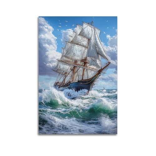 Poster vintage de peinture à l'huile sur toile représentant un bateau à voile, 50 x 75 cm