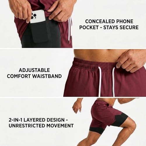 Image of Boldshark Men's 2-in-1 Running Shorts with Inner Compression Layer, Quick-Dry Sports Shorts with Phone Pocket for Gym, Running & Training