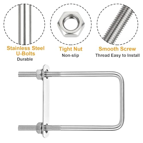 Image of 6 Pack Square U-Bolts 4 inch Inner Width x 6.8 inch Length Stainless Steel U Bolts with Nuts, Frame Plate, Washers for Ski Boat, Fishing Boat or Sailboat Trailer