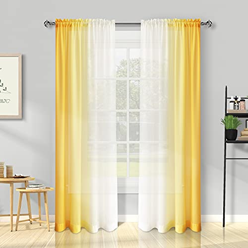 Melodieux Yellow Ombre Sheer Curtains 84 Inches Long for Living Room, Bedroom Chiffon Yellow White Gradient Rod Pocket Voile Drapes, 52 by 84 Inch, 2 Panels