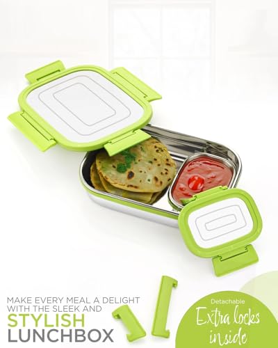 Image of Premium Stainless Steel Lunch Box Set with Clip-Lock Airtight Lid - Leak-Proof, BPA-Free Food Grade Container for Office, School, Picnic, Travelling for Kids & Adult, Men & Women Color (Green)