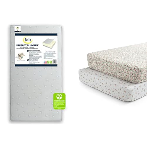 Image of Delta Children Serta Perfect Slumber Dual Sided Recycled Fiber Core Crib and Toddler Mattress Fitted Crib Sheets for Girls and Boys (Pack of 2), Pink Floral (Bundle)