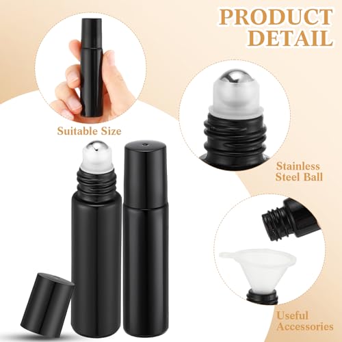 Image of Sumind 150 Pcs Essential Oil Roller Bottles 10 ml Glass Empty Roll on Bottles with Stainless Steel Balls Leak Proof with 5 Funnel for Travel Essential Oil(Black)