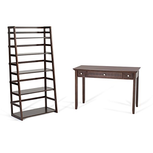 Image of SIMPLIHOME Acadian Solid Wood 63 inch x 30 inch Rustic Ladder Shelf Bookcase in Tobacco Brown for the Living Room, Study Room and Office