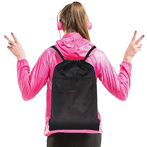 Drawstring Strings Bags With Pockets Sports Athletic School Travel Gym Cinch Sack Lightweight Backpack For Men And Women, Black #TOP6