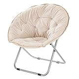 mDesign Urban Papasan Folding Moon Chair - Large Saucer UFO Chair with Collapsible Metal Frame - Fuzzy Foldable Dish Seat for Home Office, Living Room, Dorm Room, and Bedroom - Beige/Silver