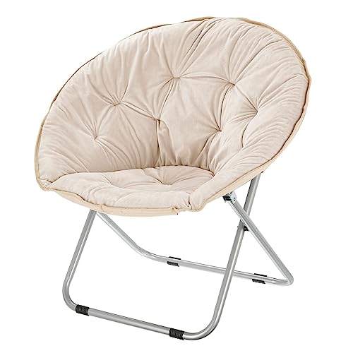 mDesign Urban Papasan Folding Moon Chair - Large Saucer UFO Chair with Collapsible Metal Frame - Fuzzy Foldable Dish Seat for Home Office, Living Room, Dorm Room, and Bedroom - Beige/Silver
