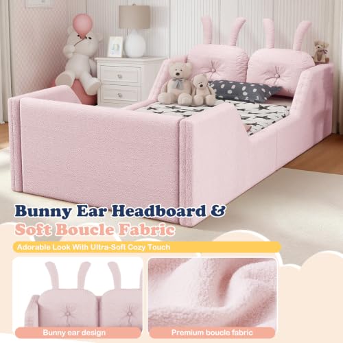 Image of Twin Bed Frame for Kids, Floor Platform Bed Rabbit, Pink