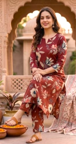 Image of CREATION & YOU Women's Pure Cotton Floral Printed Kurta with Palazzo Pants | Ethnic Set | Kurti Set for Women | Cotton Cord Set for Women