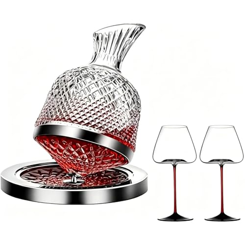 Jaffiust Wine Decanter Set 360 Rotating Wine Decanter 50oz/1500ml Crystal Glass Decanter with 2 Goblets Thickened Base Whisky Decanter for Wine Lovers Home Bar Party
