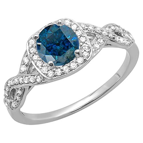 Dazzlingrock Collection 1.00 Cttw Round Blue & White Diamond Womens Swirl Split Shank Halo Engagement Ring, 10K Solid Gold