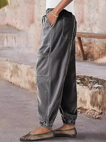 Flamingals Women's Straight Leg Pants High Rise Barrel Leg Cargo Drawstring Multi Pockets Cropped Jogger Pants2
