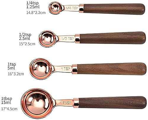 Image of Stainless Steel Measuring Spoons Set of 4. with Copper Finish and Wooden Handles for Baking and Cooking, Accurate Kitchen Measuring Set