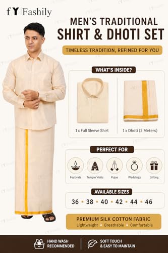 Image of Men's Traditional Indian Shirt and Dhoti Set, Full Sleeves Tissue Silk Cotton Shirt With Dhoti 2 metres for men