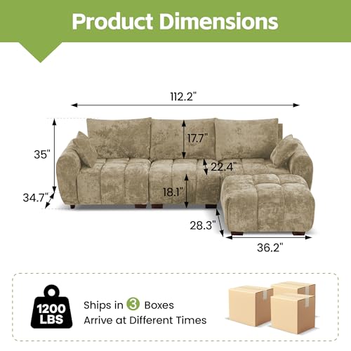 Image of 112 inch L Shaped Modular Sectional Sofa, Brown Chenille Cloud Couch, Modern Upholstered 4 Seater Couch with Removable Ottoman, Tufted Deep Seat & Wood Legs, Sectional Couches for Living Room Apartment