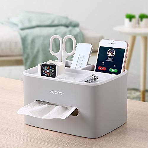 Multifunction Rectangular Tissue Holder Cover Case Facial Tissue Paper Box Napkins Dispenser Container Stylish Remote Control Desk Storage for Living Room Bedroom Dressers Home Office (Grey)