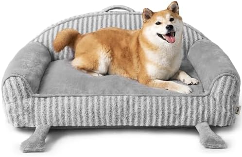 EHEYCIGA Washable Dog Beds for Large Dogs 36 Inch - Striped Cat Couch for Indoor Cats with Removable Cover, Shredded Memory Foam Waterproof Puppy Bed with Non - Slip Bottom, Grey