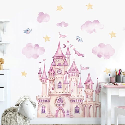 MagiMural Pink Princess Castle Wall Stickers Cloud Star Large Princess Castle Wall Decal for Girls Peel and Stick Decals Baby Room Nursery Kids...