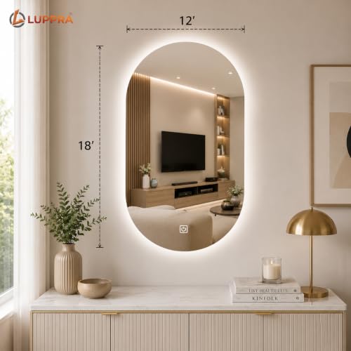 Image of LED Bathroom Mirror 12x18 Inch - Smart Wall Mounted Vanity Mirror with Touch Sensor, 3 Color Dimmable Lights & Anti Fog Glass