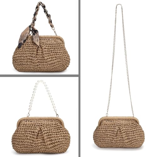 Straw Bag Clutch Purses for Women, Beach Woven Straw Crossbody Handbag with Pearl Chain, Dumpling Wicker Purse4