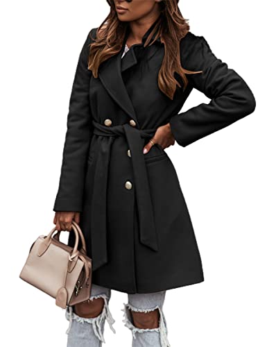 IDEALSANXUN Damen zweireihiger Wollmantel Casual Midi Herbst Winter Wolljacken mit Gürtel, Schwarz, XXL