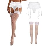 White Garter Belt and Thigh Highs Set Plus Size Lace Garter Belt Lingerie Set Sexy Garters for Woman with 6 Vintage Metal Clip for Garter Stockings M-L