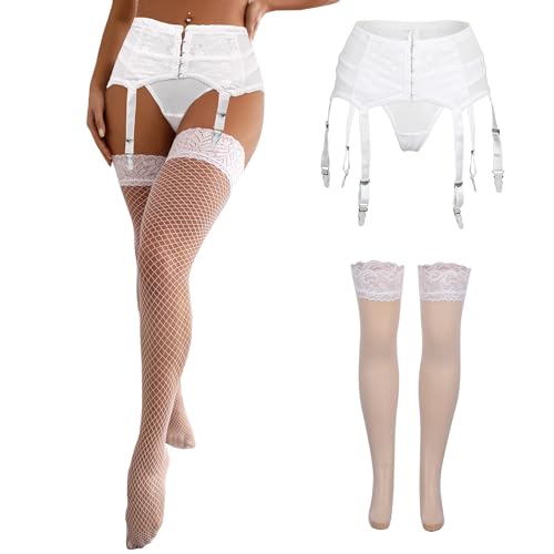 Image of ohyeah Garter Belt and Thigh Highs Set with Thong Women Garter Lingerie Set | White Garter Stockings,High Waist Floral Lace Suspender with 6 Adjustable Metal Clips, Night Club Bedroom,Plus Size Friendly