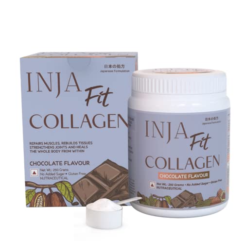 Image of INJA Fit Hydrolyzed Marine Collagen Supplement Powder for Women & Men, Japanese formulation Collagen with Vitamin C, Healthy Joints, Muscles, Skin, Hair, Sugar-Free, Gluten-Free, Chocolate Flavor, 250 gm