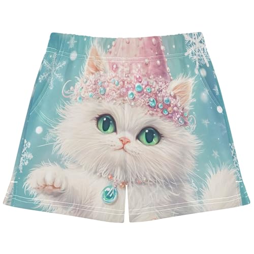 Girls Athletic Lounge Shorts Cute White Cat Print Pink Hat Blue Comfy Pajama Sleep Summer Clothes, X-Small
