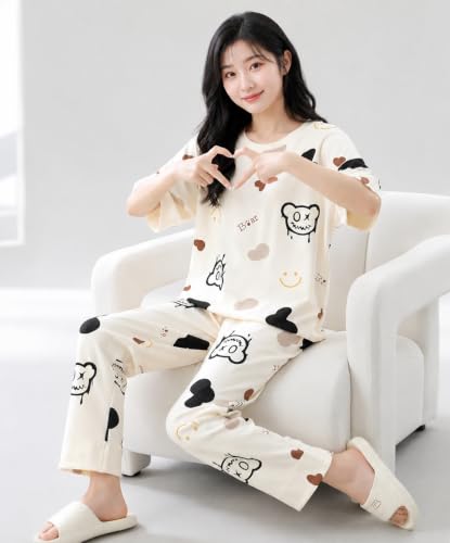 Image of Women Printed T-Shirt and Track Pant Set | Cotton Co-Ord Night Suit for Women | Lounge Wear, Sleepwear, Gym Wear | Half Sleeve Top & Elastic Waist Joggers | Stylish