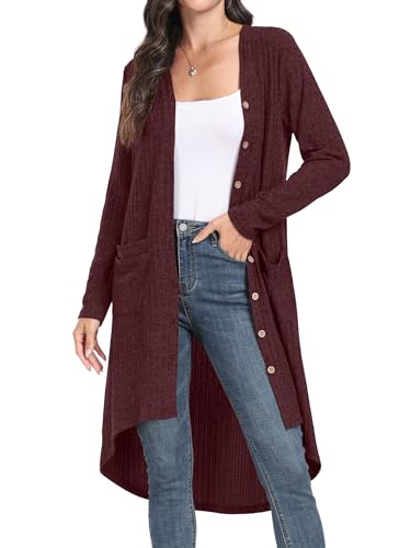 GRECERELLE Cardigan Lungo da Donna Cardigan Elegante a Manica Lunga Laterale con Bottoni e Tasche (Borgogna, XL) GRECERELLE Cardigan Lungo da Donna Cardigan Elegante a Manica Lunga Laterale con Bottoni e Tasche (Borgogna, XL)
