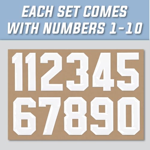 Numbered Diecut Decals, 2" Tall, 4 Total Sheets, White on Clear, 20mil Thick Vinyl for Helmets (Football, Lacrosse, Baseball, Softball, Hockey) Made in The USA, Numbered 1-10, Toughest Helmet Decals